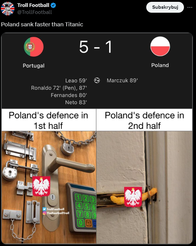 Konto TROLL FOTBALL tak ŚMIESZKUJE z polskiej defensywy w meczu z Portugalią xD